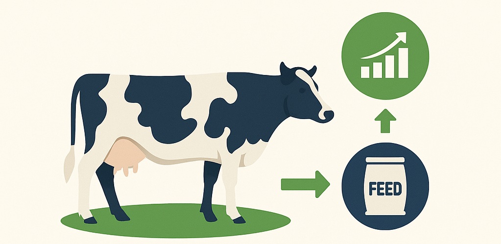 Cover image for LinkedIn newsletter on Sustainable and Profitable Dairy Farm Economics through Feed Efficiency by Dr. Manish Pathak, featuring a Holstein cow, milk performance icons, and agriculture v